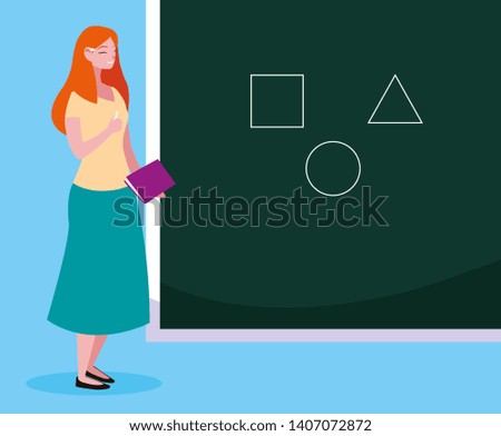 female teacher with textbook and chalkboard vector illustration design