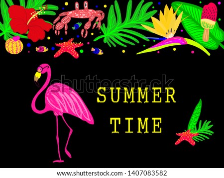 Bright summer time vector neon banner design with  colorful beach elements in black background. Tropical flowers, fish, starfish, glasses, shell, ice cream. Vector illustration. 