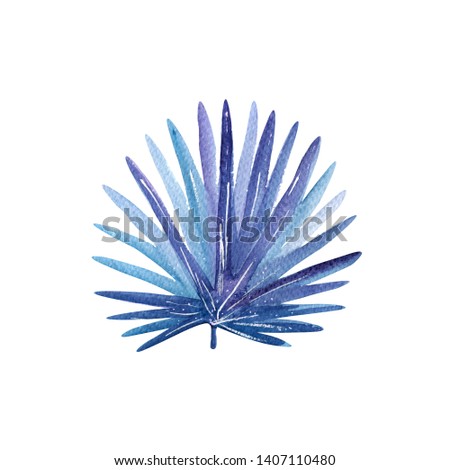 Isolated tropical leaf in night blue and violet colors, modern watercolor painting