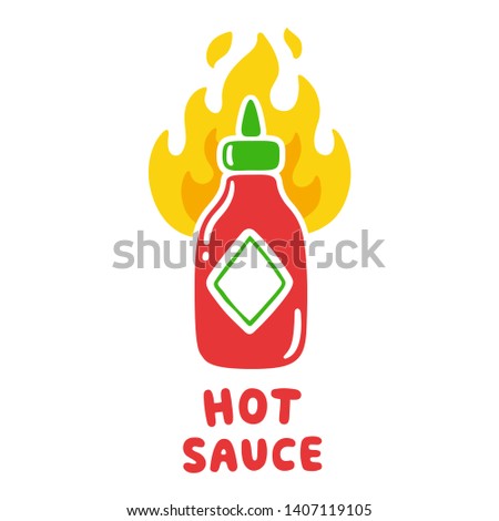 Hot sauce bottle with fire flames. Cute cartoon spicy condiment illustration.