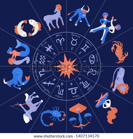 Symbols of the zodiac horoscope on a dark blue background. Zodiac Circle