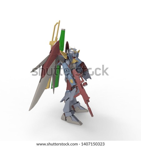 Sci-fi mech soldier standing on a white background. Military futuristic robot with a green and gray color metal. Mech controlled by a pilot. Scratched metal armor robot. Mech Battle. 3D rendering