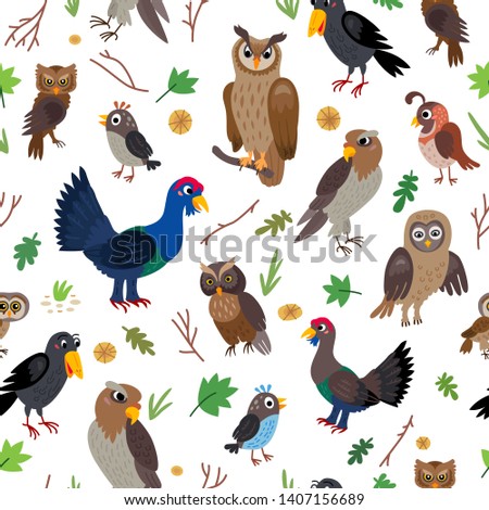 Bird forest Seamless Pattern. Woodland animals. Vector childish illustration. Cartoon characters in flat style. The design concept for children. Wrapping, notebooks, labels, accessories-school.