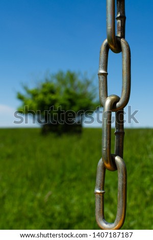 Silver chain with green grass and blue skies in the background.