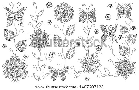 black and white coloring butterflies and flowers
