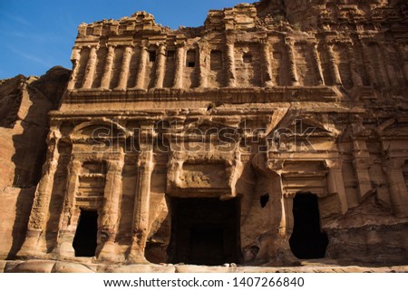 ancient architecture archeological concept picture of Petra temple carved in rocky stone building, famous Middle East world heritage site for tourism and sightseeing