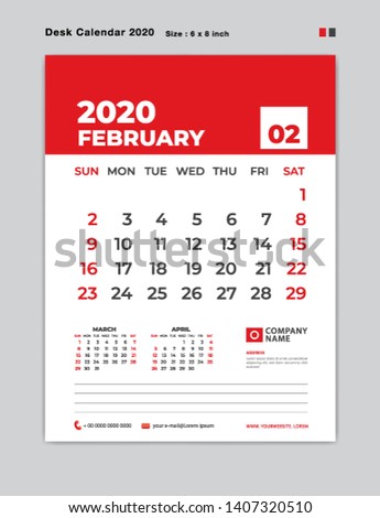 Calendar 2021 template, February 2020 year template, Desk Calendar for 2020 year, week start on sunday, planner, stationery, red Concept, vertical layout vector, business printing design