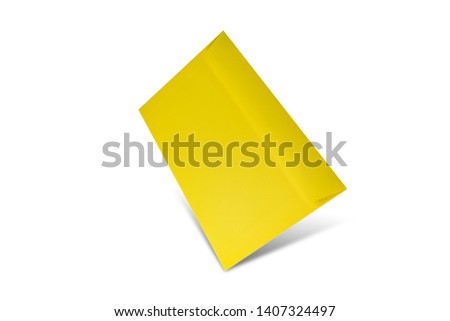 Yellow envelope on a white background with copy space. Flat lay mockup for valentines day, womans day, wedding or birthday 