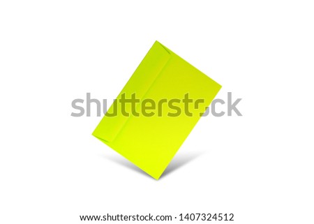 Green envelope on a white background with copy space. Flat lay mockup for valentines day, womans day, wedding or birthday 