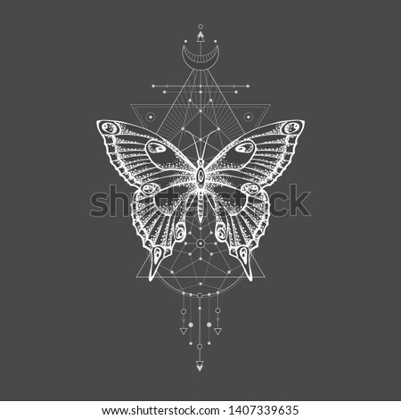 Vector illustration with hand drawn butterfly and Sacred geometric symbol on black background. Abstract mystic sign. White linear shape.  
