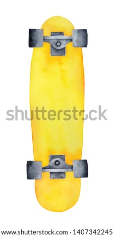Watercolor illustration of bright yellow skateboard. One single object, bottom view. Hand drawn watercolour graphic drawing on white background, cut out clip art element for design, print, sticker.