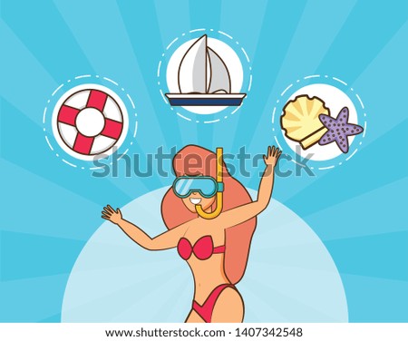 woman float sailboat starfish shell beach vacations vector illustration