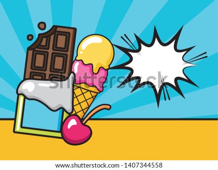 pop art elements ice cream chocolate cherry vector illustration