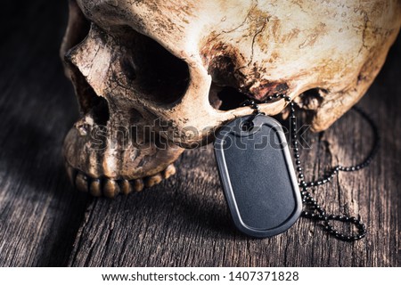 Blank black military id tag lay with human skull on old wood