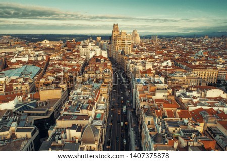 Aerial view of Gran Via shopping area in Madrid, Spain. Royalty-Free Stock Photo #1407375878