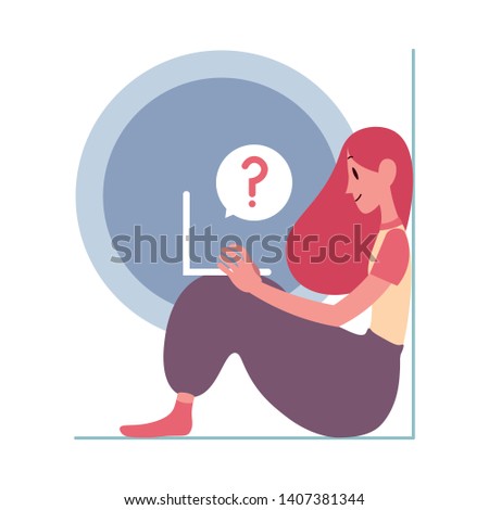 Illustration with girl sitting and typing on her laptop