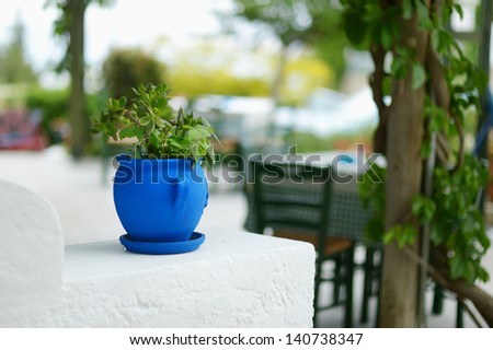 Typical greek courtyard with blue flower pot on Kos