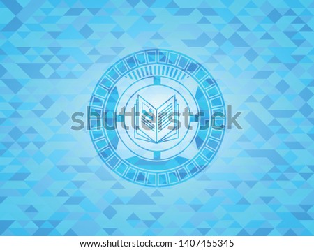 book icon inside sky blue emblem. Mosaic background