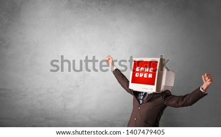 Young person with monitor head, gaming concept