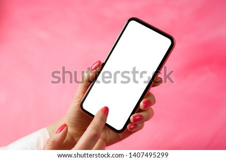 Woman using mobile phone and touching screen with finger, mockup for app design.