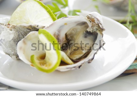 Delicious lime and soy sauce oysters in their shells ready to serve.
