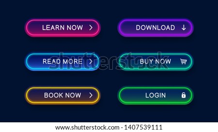 Bright modern neon abstract buttons for website. Vector multicolored neon buttons isolated on dark background. Ready elements for use in web design. Royalty-Free Stock Photo #1407539111