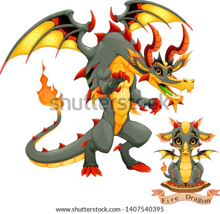 Dragon of Fire Element in two variation, puppy and adult. Cartoon vector isolated characters.
