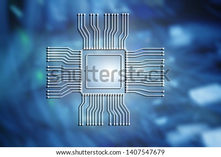 CPU chip logo on blurred abstract server room background. Technology concept.