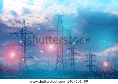 an abstract representation of solving problems using artificial intelligence to increase reliability and reduce losses and accidents during the transmission of electrical energy Royalty-Free Stock Photo #1407601499