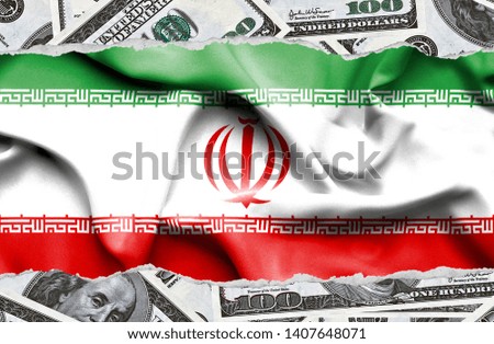 Financial concept with banknotes of US currency around national flag of Iran