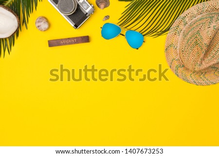 Summer vacation concept. stylish sunglasses, retro photo camera and green palm leaves on blue background, flat lay. space for text.