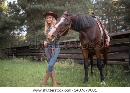 Horse and girl - Lovely cowgirl and pony on a ranch
