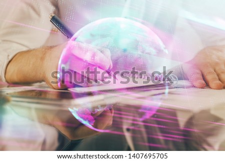 Close up of human hands and abstract innovative technologies for industries. Double exposure.
