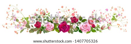 Panoramic view: bouquet of roses, gypsophile, spring blossom. Horizontal border: red, pink flowers, buds, green leaves, white background. Digital draw illustration in watercolor style, vintage, vector