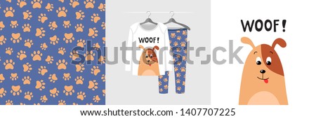 Seamless pattern and illustration set for kid with dog and footprint, text Woof! Cute design on pajamas mockup. Baby background for clothes wear, room decor, t-shirt, baby shower invitation, wrapping
