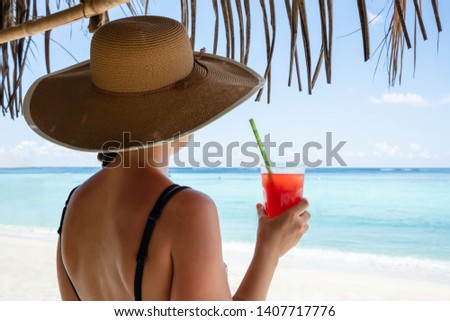 Rear View Of Woman Wearing Hat Holding Glass Of Juice In Hand Looking At Sea