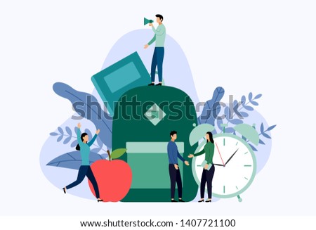 Flat red apple with book and backpack, vector illustration