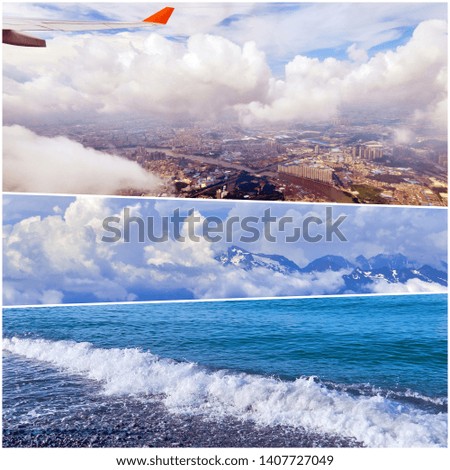 Collage of bright pictures of Sochi and Black Sea landscapes in Russia