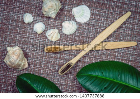 Bamboo toothbrushes with shells and green leaves
