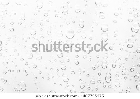 Water drops on glass, white gray background.