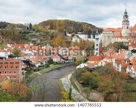 Vltava river runs through old town of Cesky Krumlov, Czech Republic