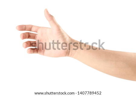 Close up hand holding something like a bottle or can isolated on white background with clipping path. Royalty-Free Stock Photo #1407789452