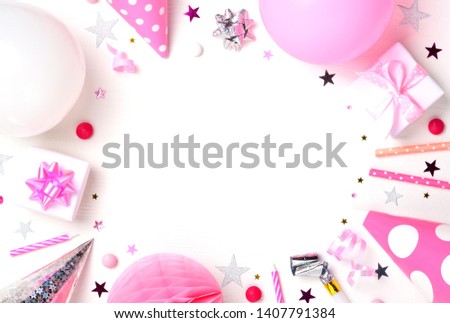 Flat lay decoration party concept on white background. Top view, copy space.