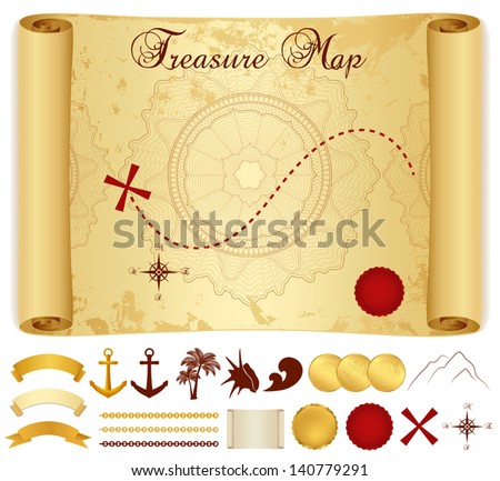 Treasure Map on old / vintage / antique paper (scroll or parchment) with cross, red mark, compass, anchor, banner ribbon, palm tree. Treasure hunt (Searching). Medieval Cartography. Vector template Royalty-Free Stock Photo #140779291