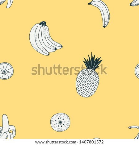 Exotic fruits color vector seamless pattern. Tropical food. Pineapple, banana, kiwi. Linear fruits drawing. Healthy lifestyle. Decorative kitchen textile, wallpaper, wrapping paper design