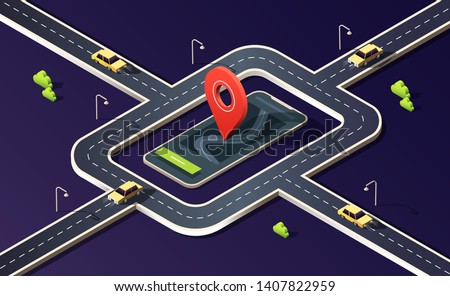 Isometric phone with map, road, traffic, cars and location pin on dark purple. 3D vector illustration.