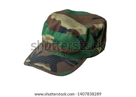Camouflage cap facing right used by armies around the world to help provide concealment from enemies. Isolated