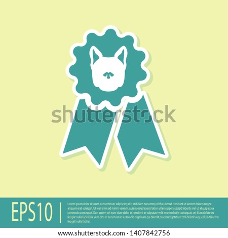 Green Dog award symbol icon isolated on yellow background. Medal with dog footprint as pets exhibition winner concept. Vector Illustration