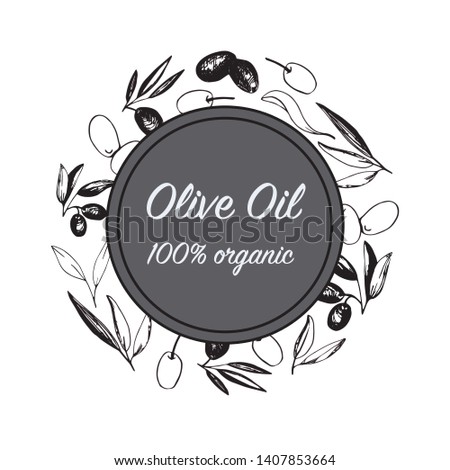 Olives border with olive branches and fruits for Italian cuisine design or extra virgin oil food or cosmetic product packaging wrapper. Hand drawn Illustration in vector.