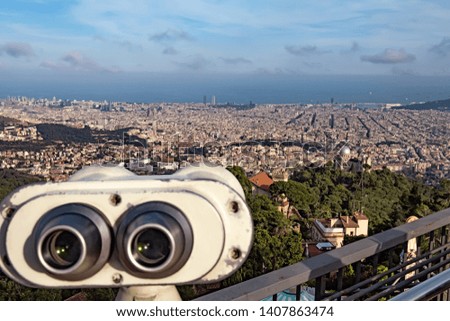 Panoramic view of Barcelona. Photo taken from Tibidabo mountain. Ocean as background.